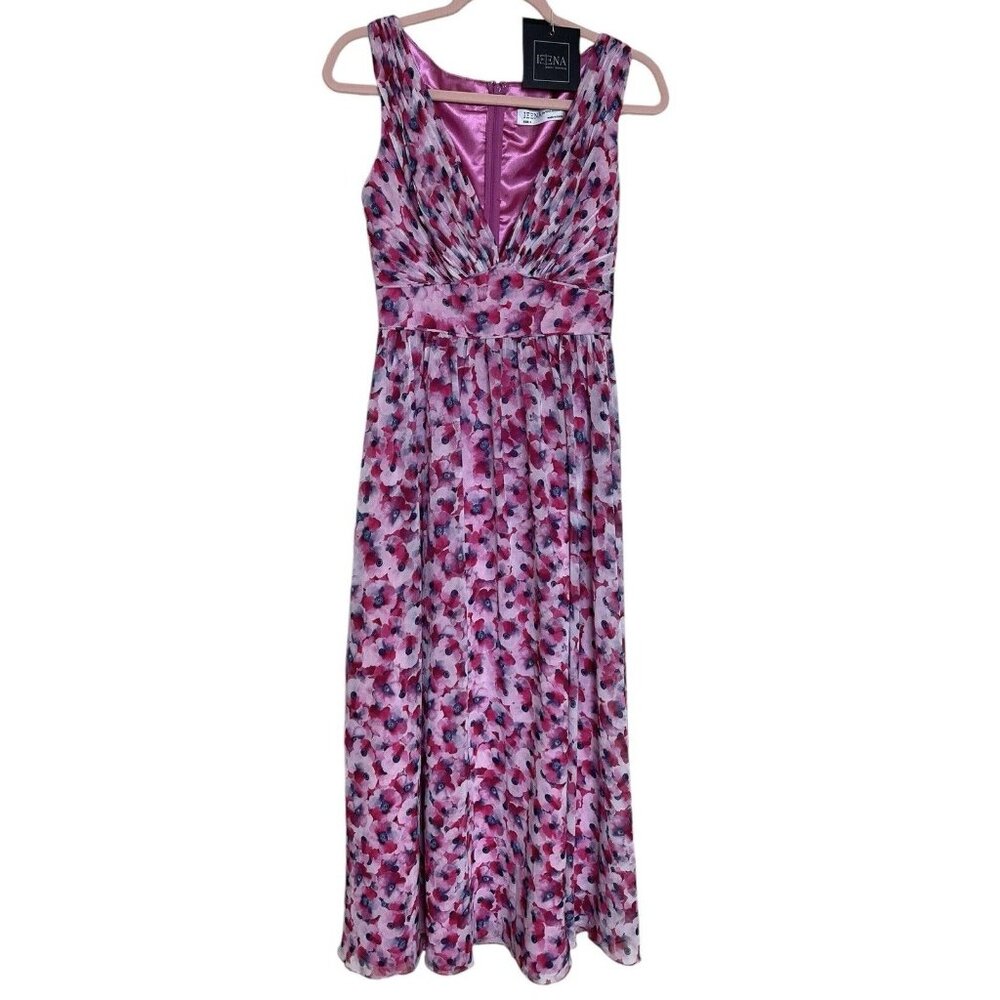 Ieena Mac Duggal Dress Size 2 Pink Purple Floral V Neck Chiffon 55890 $398